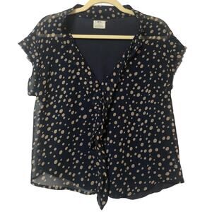 Pins & Needles Navy Polka Dot Ruffled Blouse Womens L Sheer Preppy Shirt Tan